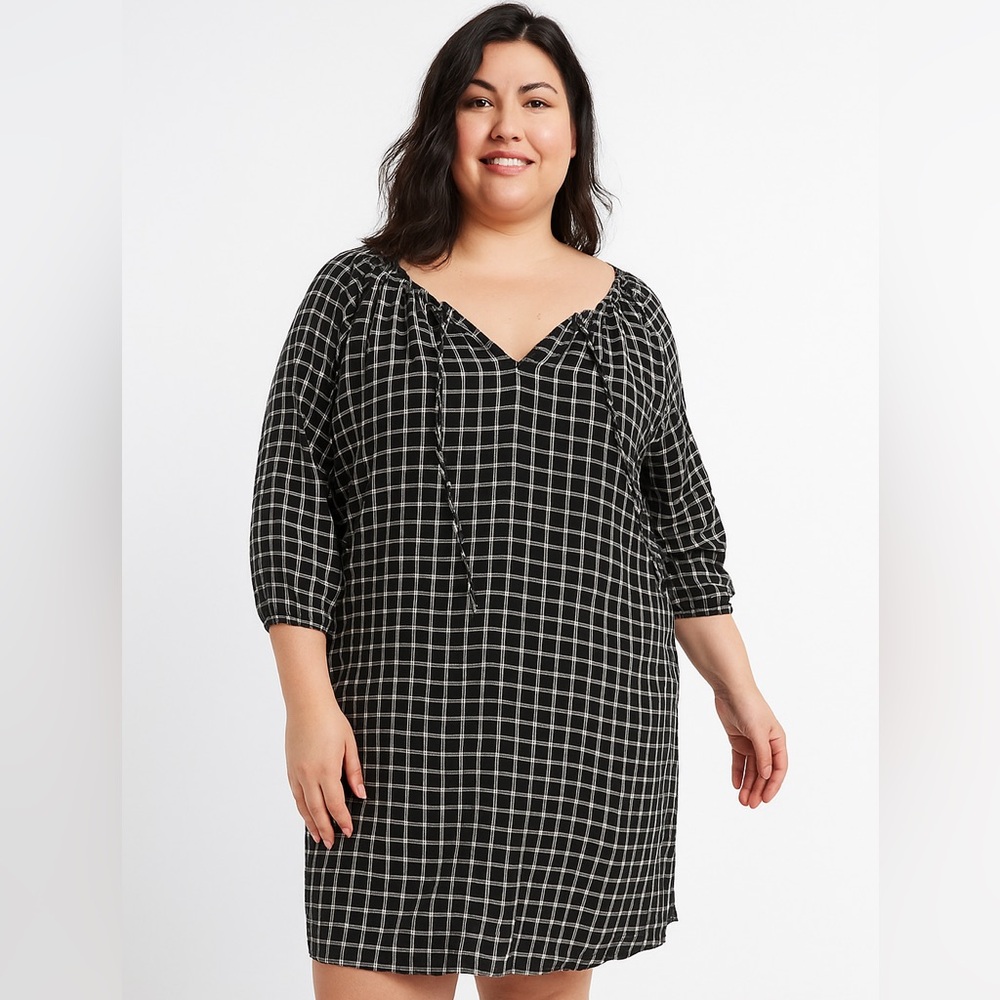 Madewell Black and Tan Shirt Dress Size M Grid Print Puff Sleeve Career Wear